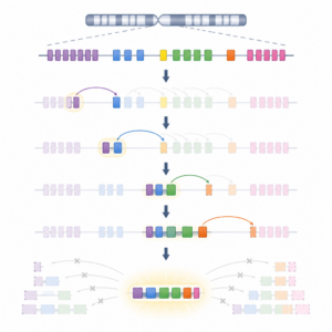 Diagram showing how antibody light-chain pieces are shuffled and combined together to avoid self-attack.