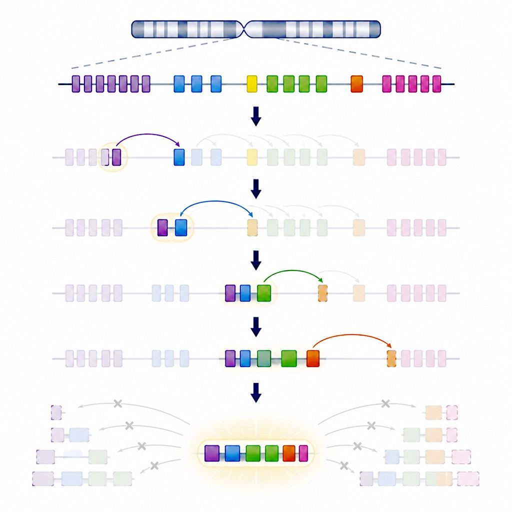 Diagram showing how antibody light-chain pieces are shuffled and combined together to avoid self-attack